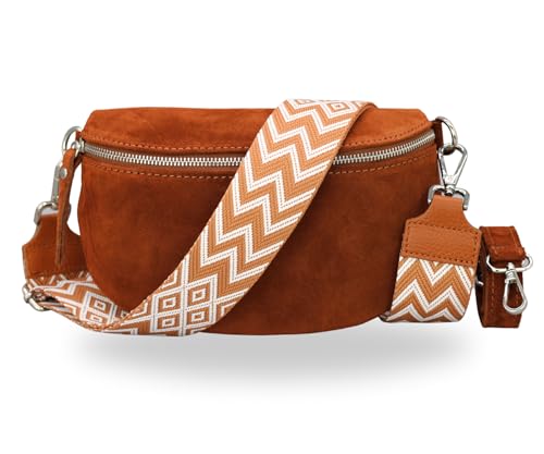 BRISE Bauchtasche Damen Echtes Wildleder SAHEL Handgemachte Umhängetasche Crossbody Bag Gürteltasche mit Ledergurt + Optionalen Breiten Gemusterten Riemen Made in Italy Hüfttasche (Cognac Braun 3) von Brise Art