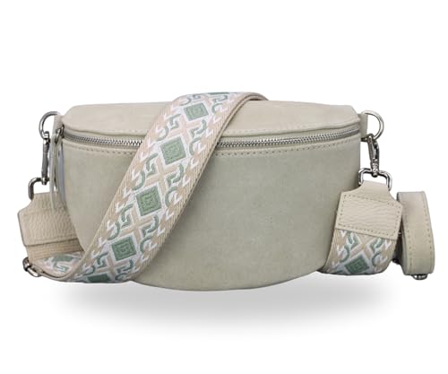 BRISE Damen Bauchtasche SAHEL Handgemachte Umhängetasche Crossbody Bag Gürteltasche Echtes Wildleder mit Ledergurt + Optionalen Breiten Gemusterten Riemen Made in Italy Hüfttasche (Beige 2) von Brise Art