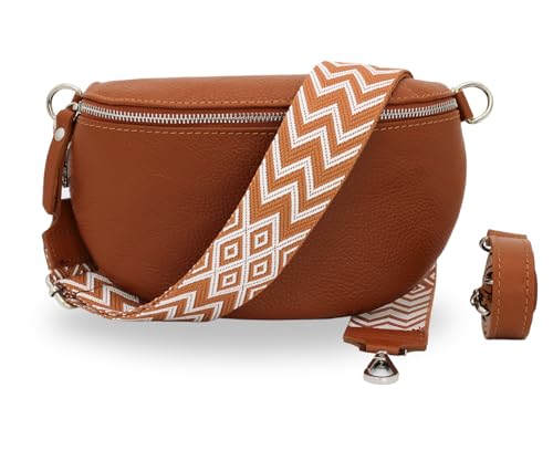 BRISE Damen Bauchtasche SAHEL Handgemachte Umhängetasche Crossbody Bag Gürteltasche Echtes Leder mit Ledergurt + Optionalen Breiten Gemusterten Riemen Made in Italy Hüfttasche (Cognac Braun-Silber 3) von Brise Art