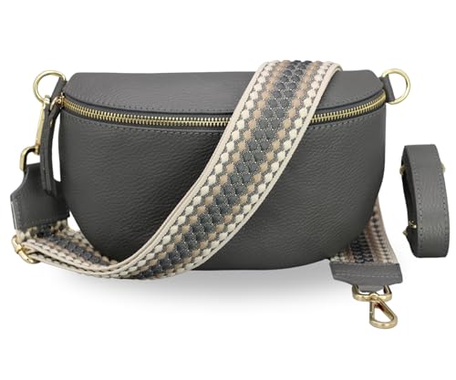 BRISE Damen Bauchtasche SAHEL Handgemachte Umhängetasche Crossbody Bag Gürteltasche Echtes Leder mit Ledergurt + Optionalen Breiten Gemusterten Riemen Made in Italy Hüfttasche (Dunkelgrau-Gold 2) von Brise Art