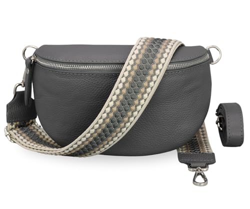 BRISE Damen Bauchtasche SAHEL Handgemachte Umhängetasche Crossbody Bag Gürteltasche Echtes Leder mit Ledergurt + Optionalen Breiten Gemusterten Riemen Made in Italy Hüfttasche (Dunkelgrau-Silber 2) von Brise Art