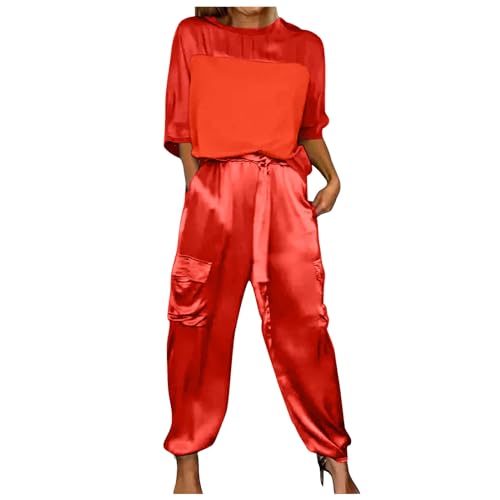 2-Teiliges Damen-Outfits, Tshirt und Hose, Hosenanzug Lockere Beiläufig Loungewear Satin Kurzärmeliger Trainingsanzug Atmungsaktive Leicht Sport Set Elegante Solid 2024 von Briskorry