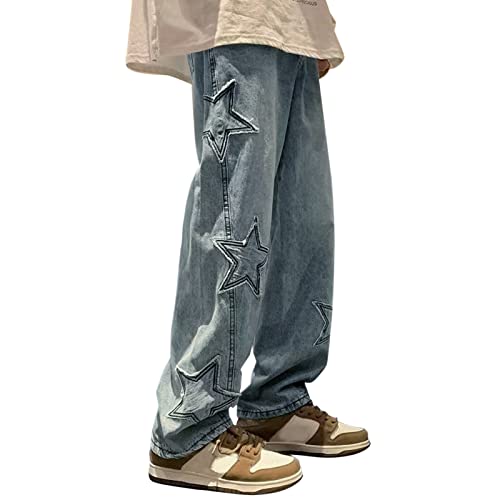 Baggy Jeans Herren Y2K Hip Hop Jeanshose Streetwear Straight Leg Baggy Denim Baggy Jeans, Männer Harajuku Fashion Skateboard Wide Leg Pants, Stern Bedruckte High Waist Cargo Pants Denim Hose von Briskorry