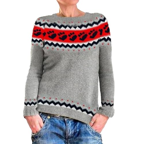 Baumwoll Pullover Damen, Strickpullover Damen, Grobstrickpullover Langärmelig Rund Ausschnitt Jumpers Elegante Stricken Fleecepullover Warm Dickere Longshirt Druck Modische Tops Lässiges Komfort von Briskorry