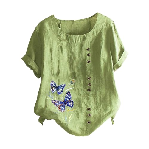 Bluse Damen Sommer Elegant Bedruckter Schmetterling Bluse Rundhalsausschnitt Baumwolle & Leinen Lässiges T-Shirt Atmungsaktive Bluse Hemd Kurzarm-T-Shirt von Briskorry