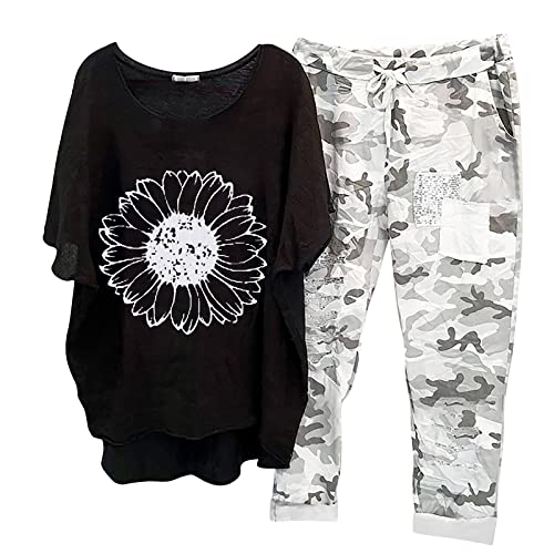 Briskorry 2 Teiler Hosenanzug Damen, Kurzarm Tshirt und Hose, Hosenanzug Lässiges Baggy Lounge Set Kurzen Ärmeln Rundhals Trainingsanzug-Set Luftige Leicht Musselin Set Solid Sexy Yoga von Briskorry