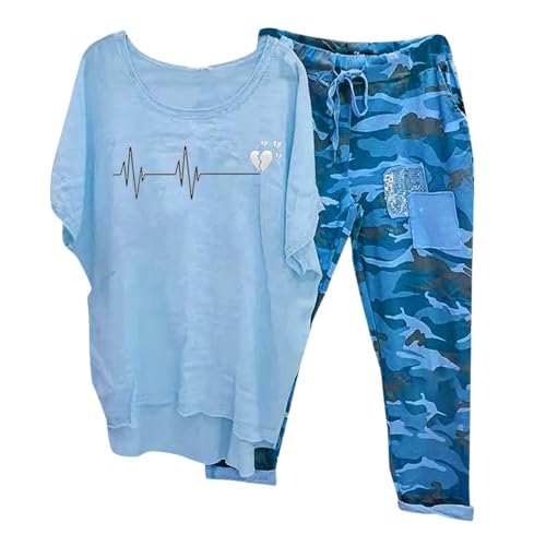 Briskorry 2 Teiler Hosenanzug Damen, Tshirt Weit Hose, Hosenanzug Lässiges Lockere Loungewear Rund Ausschnitt Kurzärmeliger Trainingsanzug Kuschelig Luftig Damen-Outfits Einfarbiges Eleganter Sport von Briskorry