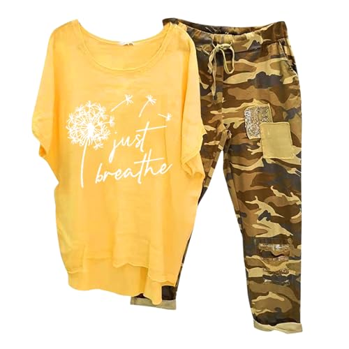 Briskorry 2-Teiliges Damen-Outfits, T-Shirt Top und Hose, Hose Anzug Locker Freizeit Loungewear Rund Ausschnitt Kurzarm Trainingsanzug-Set Luftige Komfort Sommer Outfits Solid Eleganter Jogger von Briskorry