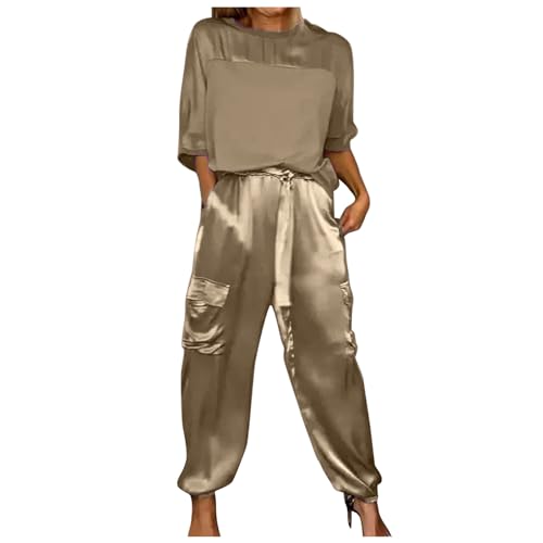 Briskorry 2-Teiliges Damen-Outfits, Tshirt Weit Hose, Hose Anzug Satin Lose Loungewear mit Tunnelzug Rundhals Sportanzug Luftige Leichter Activewear Solide Y2K Festlich von Briskorry