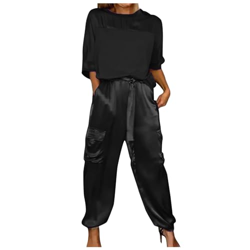 Briskorry 2-Teiliges Damen-Outfits, Tshirt Weit Hose, Hose Anzug Satin Lose Loungewear mit Tunnelzug Rundhals Sportanzug Luftige Leichter Activewear Solide Y2K Festlich von Briskorry