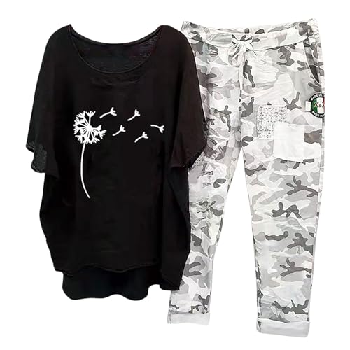 Briskorry 2-Teiliges Damen-Outfits, Tshirt Weit Hose, Hosenanzug Freizeit Lockere Freizeitanzug Rundhalsausschnitt Kurzärmeliger Sportanzug Bequeme Luftige Sommer Outfits Sexy Druck Sport von Briskorry