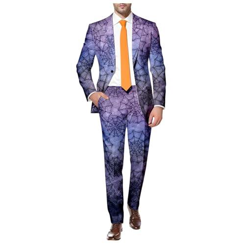 Briskorry Anzug Herren Slim Fit Vintage EIN-Knopf Anzug Langarm Blazer Halloween Spinnennetz-Druck Gruselig Party Kostüm Festliche Jacken Regular Fit Sakko Mantel Bedruckter Anzugjacke von Briskorry