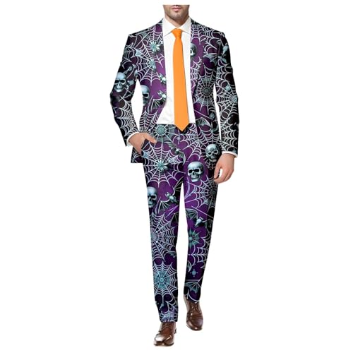 Briskorry Anzug Herren Slim Fit Vintage EIN-Knopf Anzug Langarm Blazer Halloween Spinnennetz-Druck Gruselig Party Kostüm Festliche Jacken Regular Fit Sakko Mantel Bedruckter Anzugjacke von Briskorry