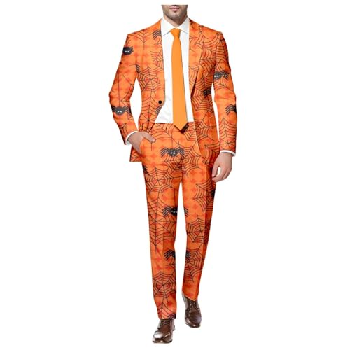 Briskorry Anzug Herren Slim Fit Vintage EIN-Knopf Anzug Langarm Blazer Halloween Spinnennetz-Druck Gruselig Party Kostüm Festliche Jacken Regular Fit Sakko Mantel Bedruckter Anzugjacke von Briskorry