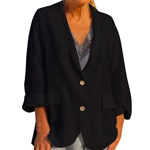 Briskorry Blazer Damen Elegant Business Anzugjacke mit Taschen und Knopf Revers Geschäft Büro Jacke Einfarbig Sweatblazer Slim Fit Mantel Sportlich Baumwolle Leinen Sakko von Briskorry