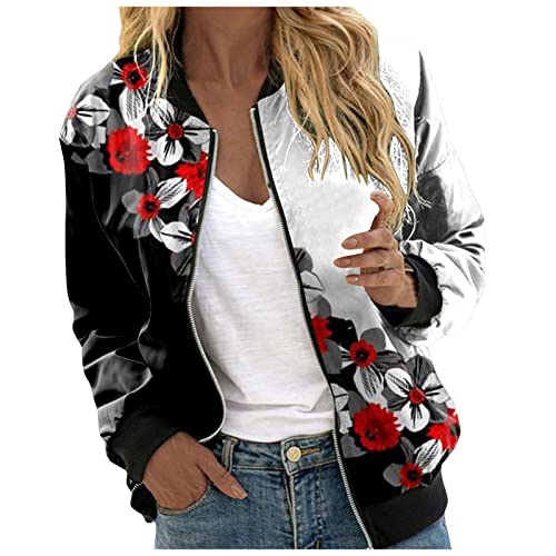 Briskorry Bomberjacke Damen Sommer Dünn Jacke leichte Langarm Übergangsjacke Freizeit Fliegerjacke Blouson Blumenmuster Kurzjacke Stehkragen Blouson Elegant Reißverschluss Jacket von Briskorry