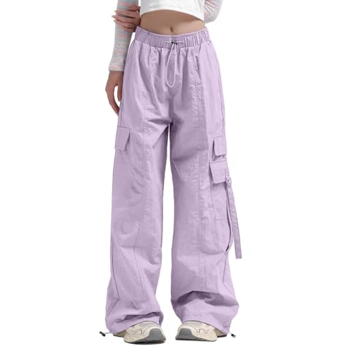 Briskorry Cargo Hosen Damen Lang, Track Pants Baggy, Laufhose Multi Taschen Gummibund Wanderhose 90er mit Kordelzug Fallschirmhose Lockere Lässiger Sommerhose Weich Atmungsaktiv Outdoorhose Running von Briskorry