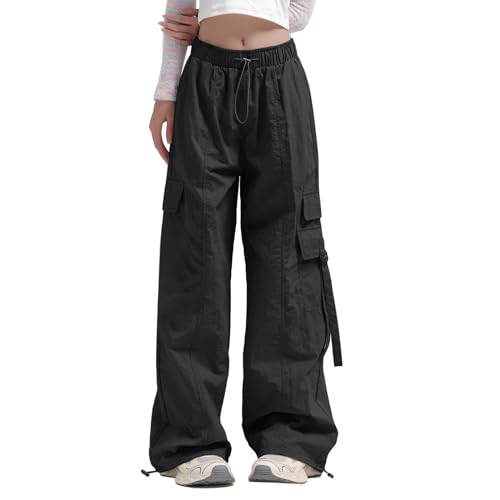 Briskorry Cargo Hosen Damen Lang, Track Pants Baggy, Laufhose Multi Taschen Gummibund Wanderhose 90er mit Kordelzug Fallschirmhose Lockere Lässiger Sommerhose Weich Atmungsaktiv Outdoorhose Running von Briskorry