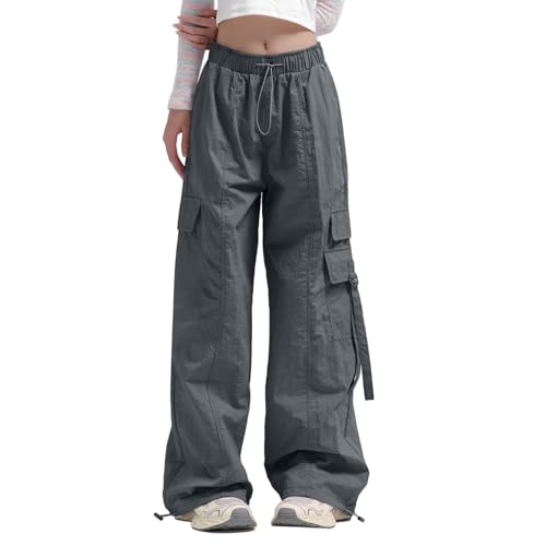 Briskorry Cargohose Damen Baggy, Track Pants Y2K, Sporthose Multi Taschen Elastisch Wanderhose mit Tunnelzug E-Girl Fallschirmhose Locker Freizeit Sommerhose Leicht Luftig Streethose Wandern von Briskorry