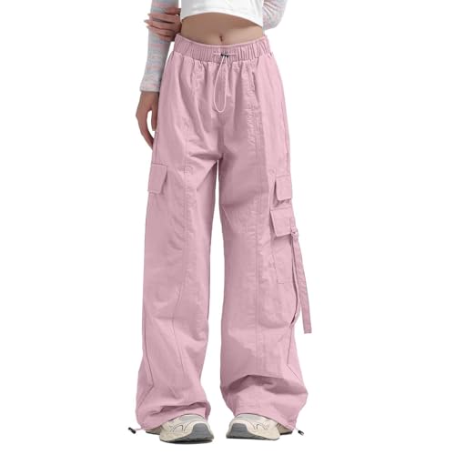 Briskorry Cargohose Damen Schwarz, Track Pants Baggy, Sporthose Elastisch Multi Taschen Trekkinghose Y2K mit Gummizug Fallschirmhose Freizeit Baggy Freizeithosen Leichter Luftige Streethose Fitness von Briskorry