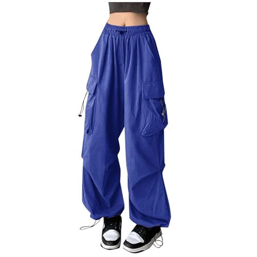 Briskorry Cargohose Damen Schwarz, Track Pants Baggy, Sweatpants Multi Taschen Elastisch Wanderhose Y2K mit Tunnelzug Parachute Pants Locker Casual Sommerhose Leichter Luftig Streethose Reisen von Briskorry