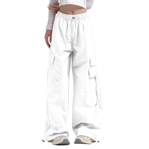 Briskorry Cargohose Damen Weiß, Track Pants Baggy, Laufhosen Multi Taschen Gummibund Trekkinghose mit Tunnelzug Hippie Parachute Pants Lässig Loose Sommerhosen Leichter Atmungsaktive Workwear Wandern von Briskorry