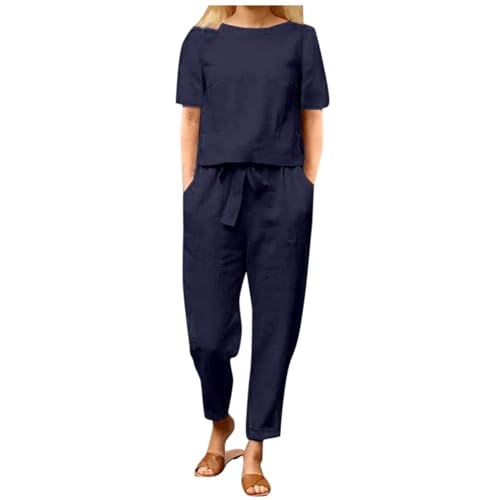 Briskorry Damen 2 Teiler Set Sommer, T-Shirt Top und Hose, Hose Anzug Lockerer Lässig Lounge Set mit Gummizug Rund Ausschnitt Trainingsanzug-Set Atmungsaktiv Leichter Streatwear Elegante Solide Yoga von Briskorry