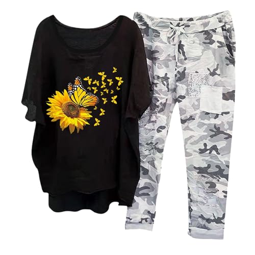 Briskorry Damen 2 Teiler Set Sommer, T-Shirt Top und Hose, Hosenanzüge Locker Lässiges Freizeitanzug Kurzen Ärmeln Rund Ausschnitt Sportanzug Bequemer Luftige Streatwear Y2K Einfarbiges Running von Briskorry