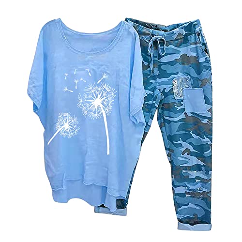 Briskorry Damen 2 Teiler Set Sommer, Tshirt Weit Hose, Hosenanzug Freizeit Lockerer Loungewear Rundhals Kurzarm Trainingsanzug Komfort Luftig Musselin Set Solide Elegant Yoga von Briskorry