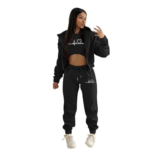 Briskorry Damen 3 Teilig Set Hoodie Weste Sporthose Jogginganzug mit Kapuzen Dreiteiliger Sport Freizeitanzug Sportswear Trainingsanzug Sportanzug Kapuzenpullover Sportbekleidung von Briskorry