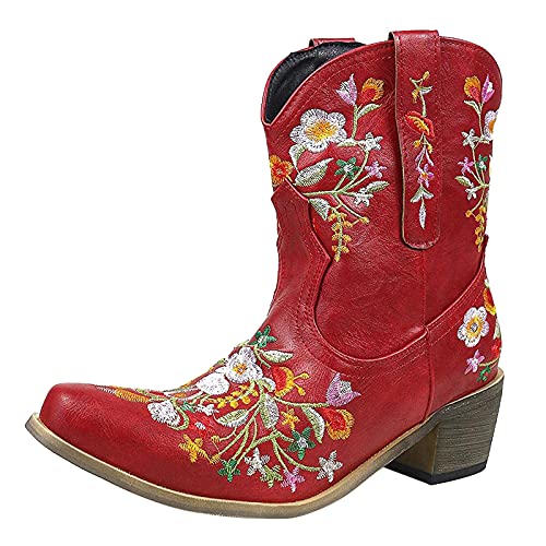 Briskorry Damen Cowboystiefel Halbhohe Stiefel Bestickte Blumen Reiterstiefel Kurze Stiefel Klassische Damen Biker-Stiefel Leder Reitstiefel Biker Boots Chunkyrayan Western Stiefeletten von Briskorry