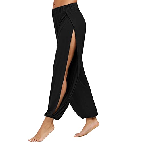 Briskorry Damen Haremshose Hohe Taille Schlitz Pumphose Frauen Hochschlitzige Stretchhose Hippie Split Sport Hose Fitness Loose Fit Yogahose Freizeithosen Sporthose mit Elastisch Bund von Briskorry