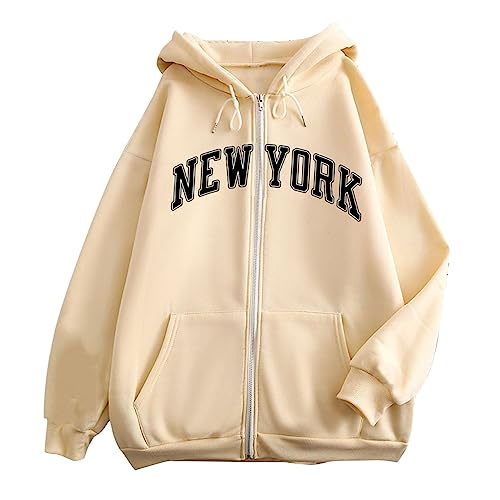 Briskorry Damen Hoodie Beige, Kapuzenpullover Damen mit Reißverschluss, Hoody Kapuzen Langärmelig Kapuzenhoodie Casual Locker Pulli Mode Bedruckt Zip-Jacke Weich Sport Streetwear Halloween von Briskorry