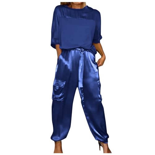 Briskorry Damen Hosenanzug Elegant 2 Teilig, Tshirt Weit Hose, Hosenanzug Satin Baggy Lounge Set mit Gummizug Rundhalsausschnitt Trainingsanzug Luftige Komfort Sport Set Einfarbig Sexy Jogger von Briskorry