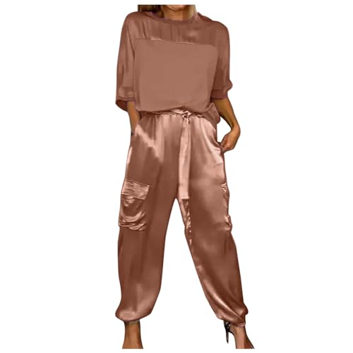 Briskorry Damen Hosenanzug Elegant 2 Teilig, Tshirt Weit Hose, Hosenanzug Satin Baggy Lounge Set mit Gummizug Rundhalsausschnitt Trainingsanzug Luftige Komfort Sport Set Einfarbig Sexy Jogger von Briskorry