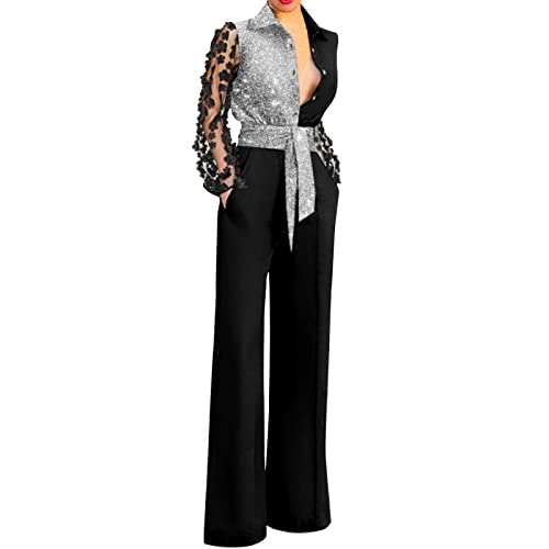 Briskorry Damen Jumpsuit Elegant Frauen Casual Sexy V-Ausschnitt Langarm Wide Leg Romper mit Gürtel Spitzen Spleißen Overall Lang Playsuits Schick Party Business Kleidung von Briskorry