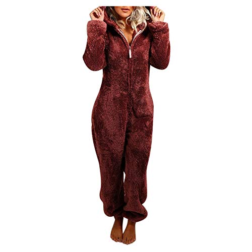 Briskorry Damen Jumpsuit Onesie Overall Einteiler Pyjama Schlafanzug Warm Coral Fleece Nachtwäsche Süße Bär Ganzkörperanzug Hausanzug Mit Kapuze Reißverschluss Kuscheliger Loungewear von Briskorry