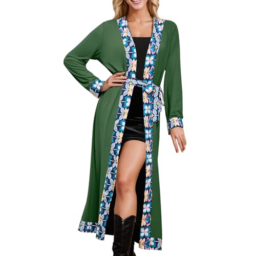 Briskorry Damen Kleider Langarm Loose Blumenmuster Robe Kleidung Einfarbige Cardigan Lang Kleider Floral Krawatte Top Long Shirt Robe mit Gürtel von Briskorry