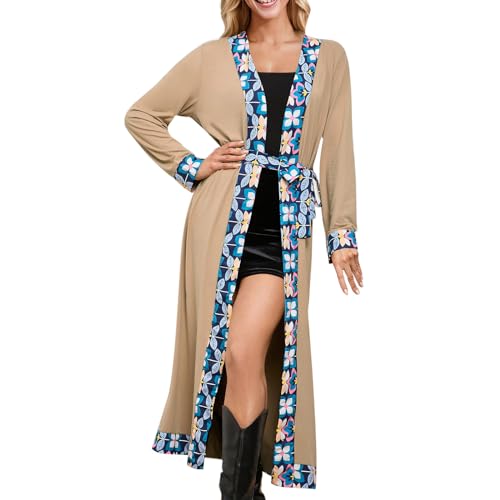 Briskorry Damen Kleider Langarm Loose Blumenmuster Robe Kleidung Einfarbige Cardigan Lang Kleider Floral Krawatte Top Long Shirt Robe mit Gürtel von Briskorry