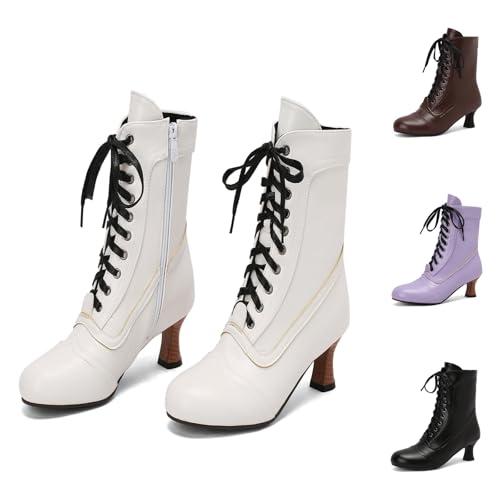 Briskorry Damen Runde Zehen Zarte Schnüren Stiefel Schnüren Knöchel Stiefel mit Kitten Heel Vintage rutschfest Stiefelettens Side Reißverschlussper von Briskorry