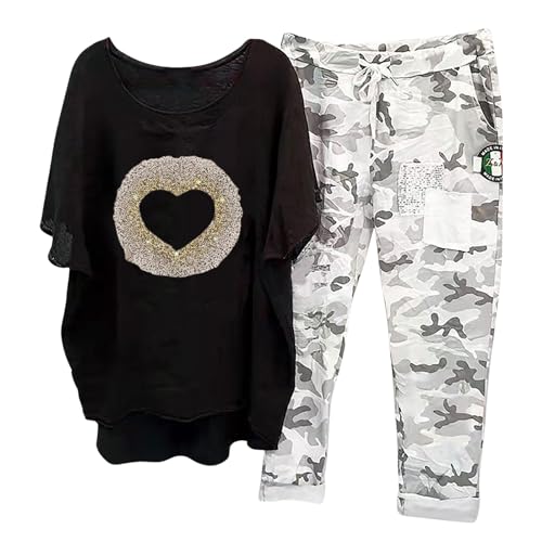 Briskorry Damen Set Zweiteiler, Tshirt und Hose, Hosenanzüge Casual Lose Loungewear-Outfits Kurze Ärmel Rund Ausschnitt Sportanzug Luftige Kuschelig Activewear Y2K Bedruckte Jogger von Briskorry