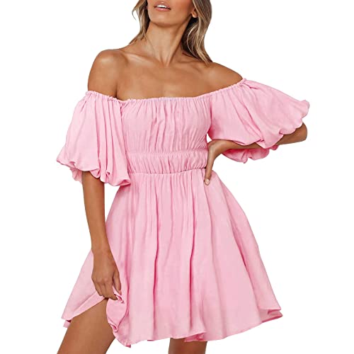 Briskorry Damen Sexy Sommerkleid Mini Kleider Schulterfreies Puffärmel Kurz Kleid Einfarbig Strandkleider Casual Loose Rüschen Partykleid Retro Mittelalter Kleid mit Trompetenärmel von Briskorry