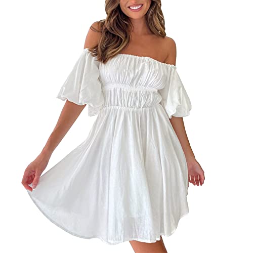 Briskorry Damen Sexy Weiß Sommerkleid Einfarbiger Mini Kleider Schulterfreies Puffärmel Tunika Kleid Sommerkleider Casual Loose Rüschen Partykleid ALinie Kurz Strandkleid Swing Kleid von Briskorry