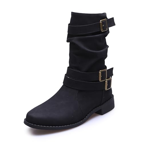 Briskorry Damen Stiefel Winter Runde Zehen Niedrige Absätze Metallschnalle Western Stiefel Elegant PU Leder Halbhohe Stiefeletten Cowboystiefel rutschfest Lederstiefel Bequem Reitstiefel von Briskorry