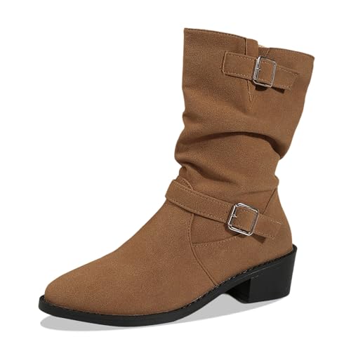 Briskorry Damen Stiefelette, Lange Veloursleder Stiefel Schuhe Casual Bequeme Round Stiefeletten Fall Halbhohe Retro Schlupfstiefel Cowboystiefel Westernstiefel mit Schnalle Leicht Halbstiefel von Briskorry