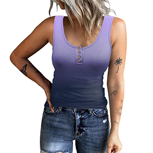 Briskorry Damen Tank Top mit Knopf Farbverlauf/Farbblock Sommerweste Rundhals Schulterfrei Blusen Mode Casual T-Shirts Basic Elegante Oberteil Modisch Sommerweste von Briskorry