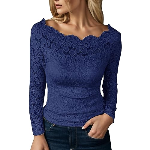 Briskorry Damen Top Spitzen Schulterfrei Bluse Elegant Langarmshirt Lace Slim Fit Oberteile Basic Langarm T Shirt Pullover Frauen Fashion Spitzentop Frühling Herbst Sweatshirt von Briskorry