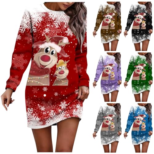 Briskorry Damen Weihnachtspullover Kleid Langarm Weihnachtskleid Fall Winter Schmaler Sweatshirt Bequemes Christmas Sweatshirtkleid Langer Rundhalsausschnitt Pulloverkleid von Briskorry