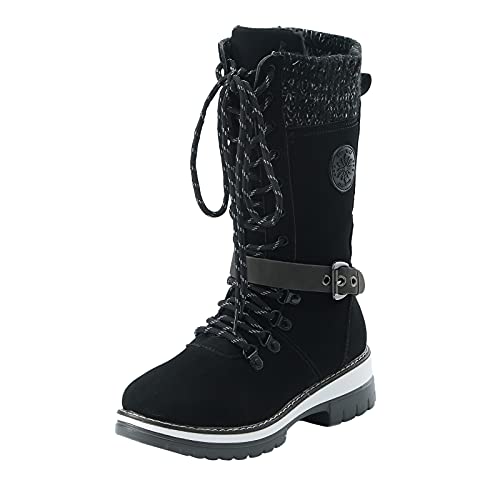 Briskorry Damen Winterstiefel Gefüttert Wasserdicht Schwarz Hoch Weit Schaft Wadenhöhe mit Absatz Damenstiefel Schnürstiefel Winterschuhe Schneestiefel Thermostiefel Übergangsstiefel von Briskorry