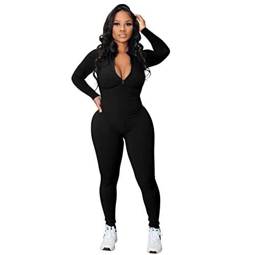 Briskorry Damen Yoga Jumpsuit Bodycon Langarm Overall Stretch Workout Sport Romper Elegant Einteiler Outfits mit Reißverschluss Hosenanzug Sport Playsuit Trainingsanzug von Briskorry